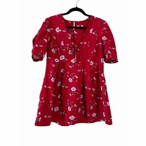 Free People Adelle Tunic Mini Dress Womens Size S Red Floral Puff Sleeve